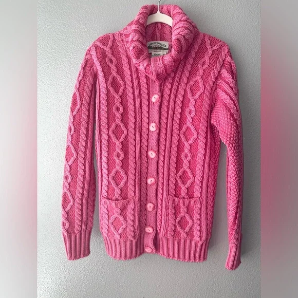 Vtg Pink Aran Crafts Merino Wool Cable Knit Sweater Cardigan Women's XS NWOT - Picture 2 of 9